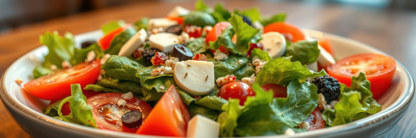 Fresh mixed salad with tomatoes, olives, and feta cheese on a wooden table in a cozy dining setting during lunchtime